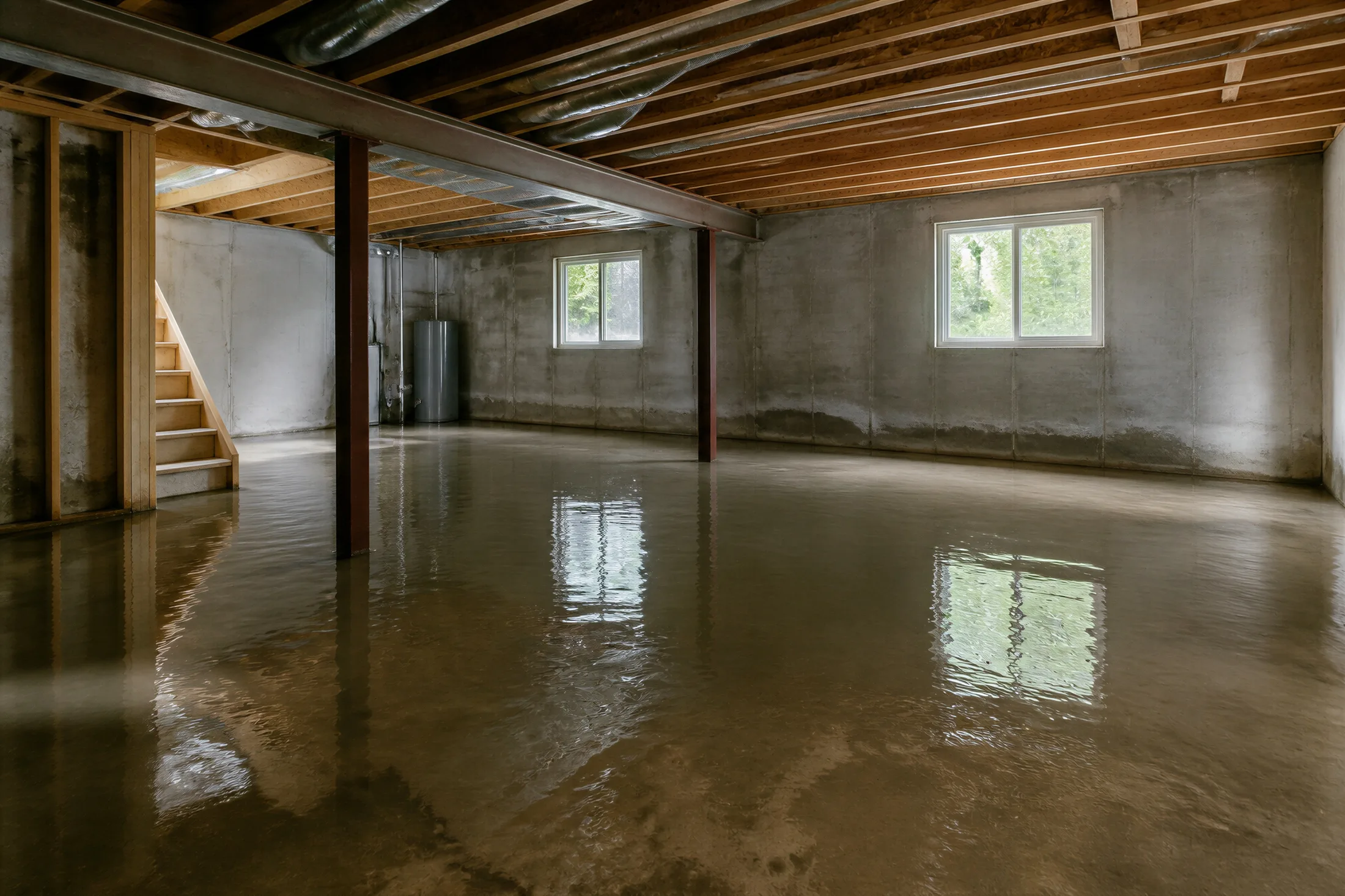 Unfinished basement with standing water across the floor