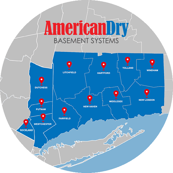 Map showing American Dry service coverage across Connecticut and the lower Hudson Valley in New York